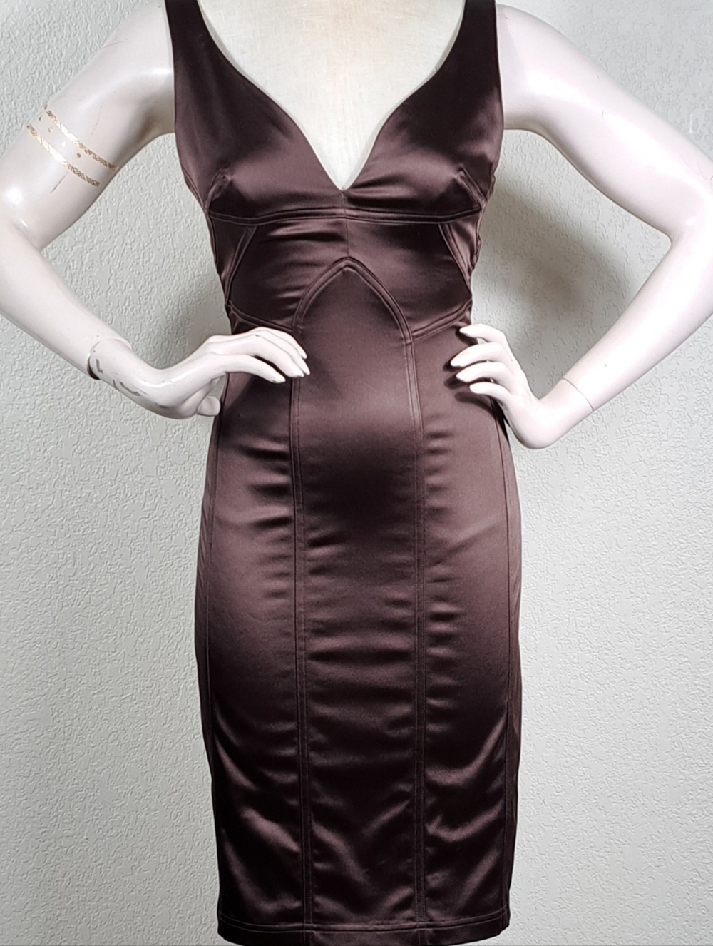 David Meister Espresso Brown Satin Sheath Cocktail Dress - Size 6 - V-Neck